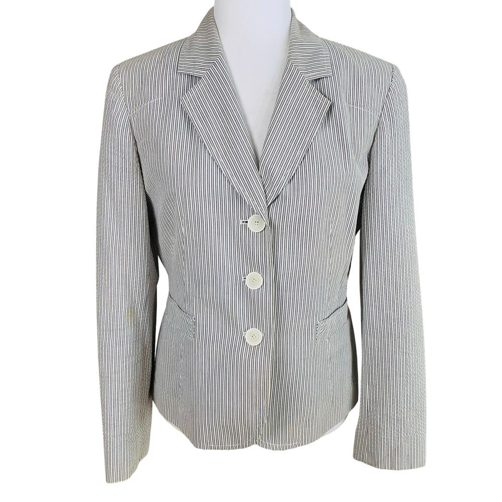 Jones NY Striped Cotton Lightweight Blazer Jacket Blue White Size 6 Office Beach